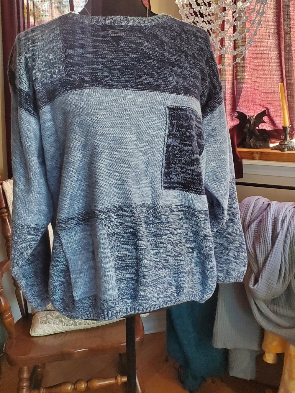 dressbarn Men's Two-Tone Blue Patchwork Crewneck Sweater